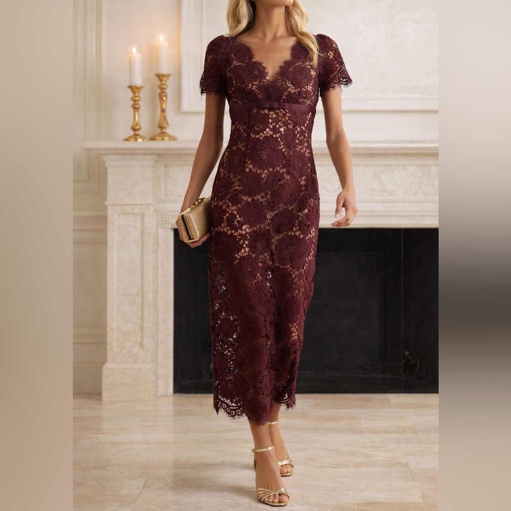 Self-Portrait Burgundy Bow Detail Floral Lace Midi Dress NWT $800 Retail Size 4